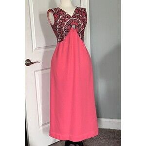 Vintage 70's Bright Coral Pink Empire Waist Dress Jeweled Brooch, Small/Medium